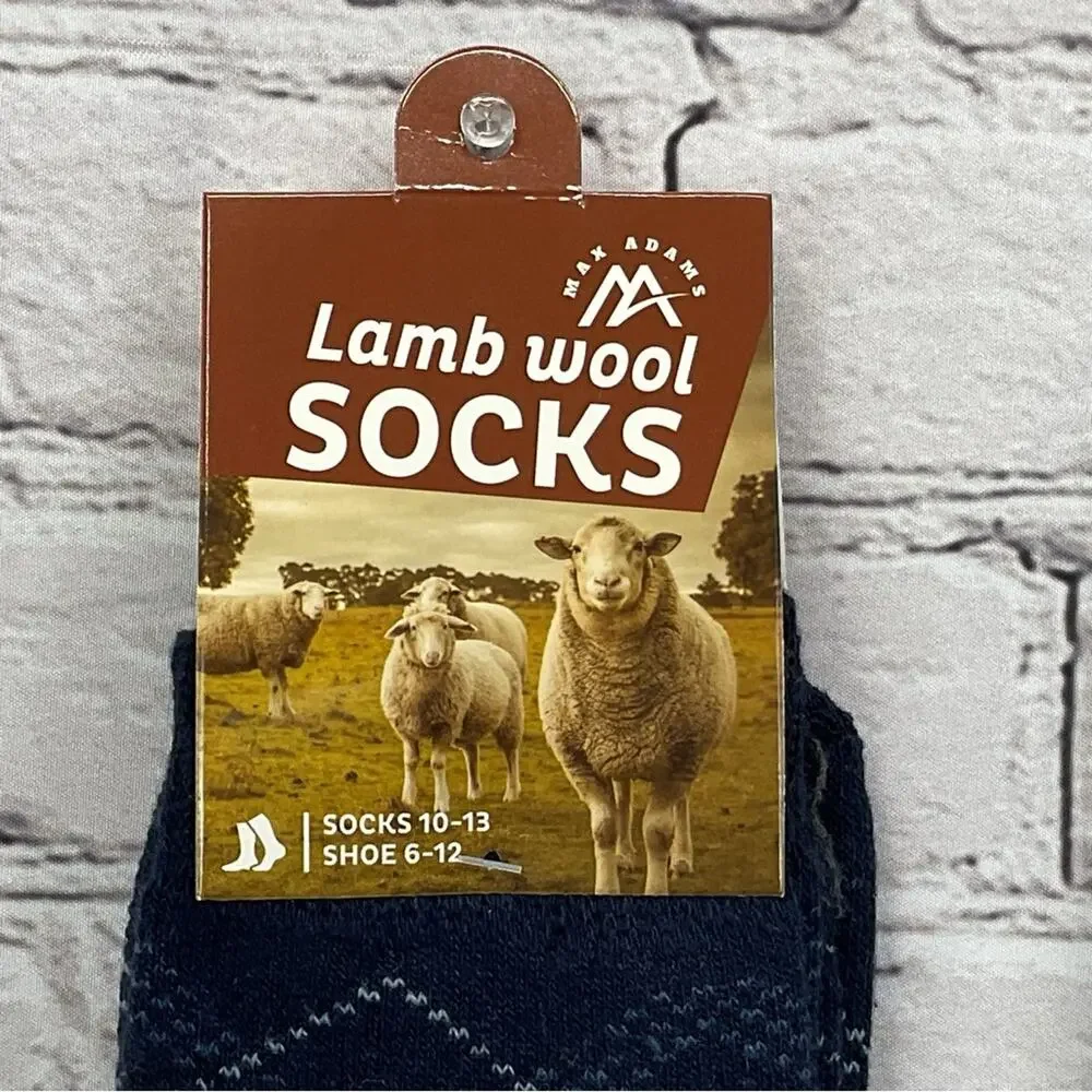 Max Adams Lamb Wool Socks Men's Size 10-13 Blue/Gray Diamond 2 Pair Casual Comfy